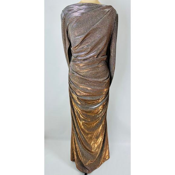 Betsey & Adam Size 14 Cape Sleeve Drape Metallic Evening Gown Taupe Modest $258 - Picture 1 of 14